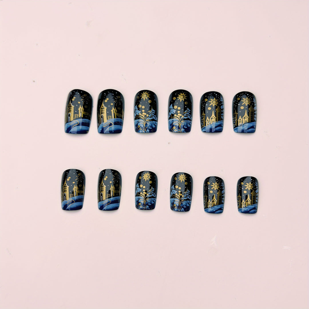 Artificial nails with festive winter landscape design Bowlift