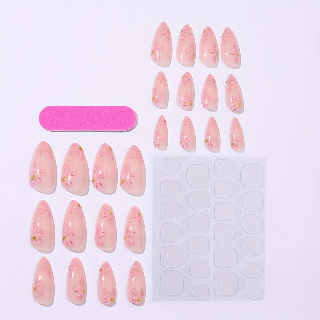 Artificial nail set with floral accents and gold embellishments Bowlift