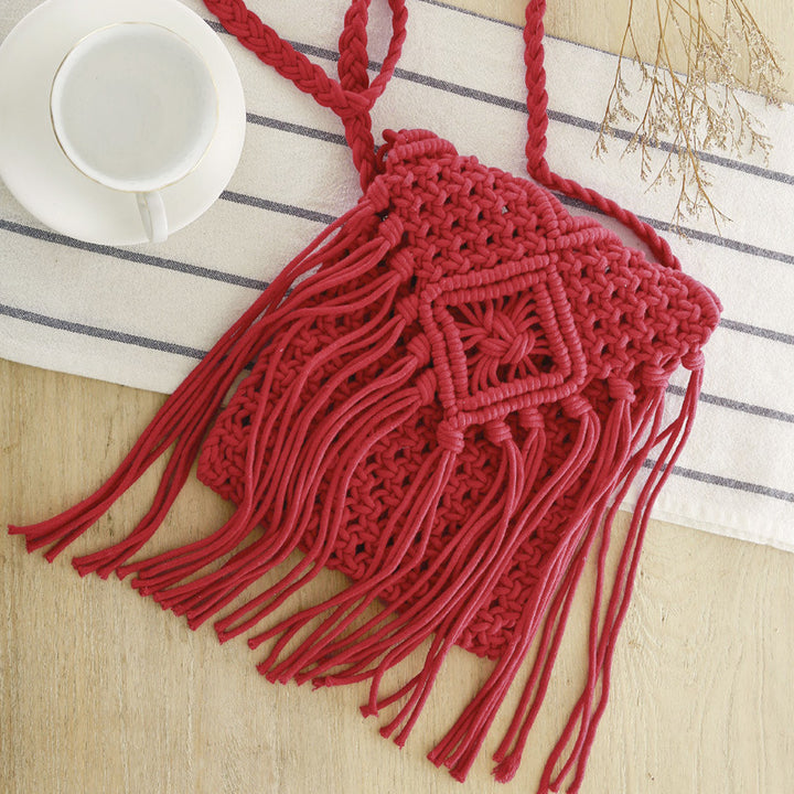 Macrame Crossbody Bag with Fringes and Decorative Details Bowlift