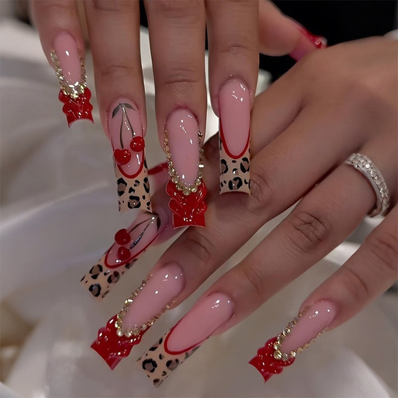Artistic Cherry and Leopard Design Nail Enhancements Bowlift
