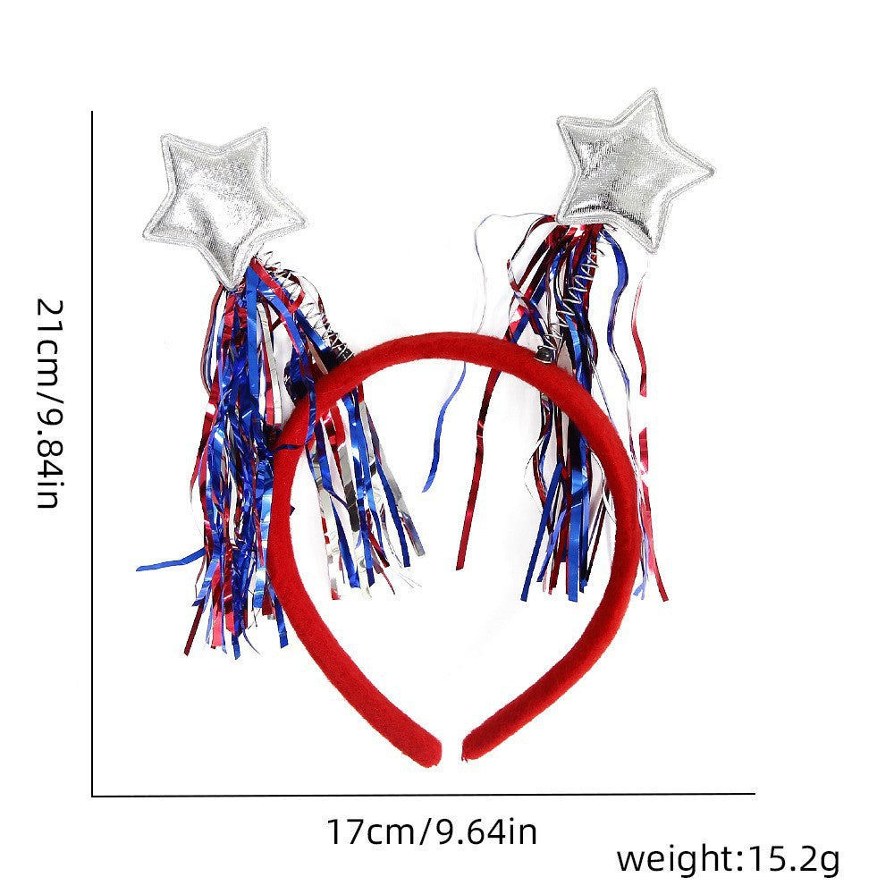 Unisex nan eye-catching party headband with attached pom poms, star tinsel, and small flag pendants Bowlift