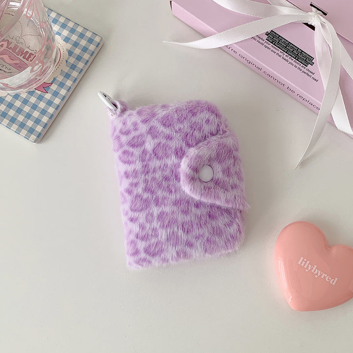 Faux Fur Leopard-Print Snap Keyring Card Wallet Bowlift