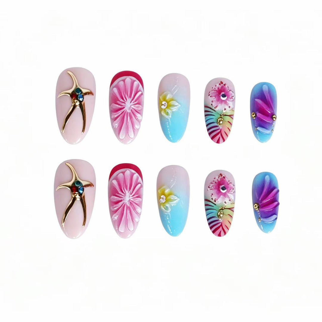 Artistic Press-On Nail Set with Floral 3D Design Bowlift