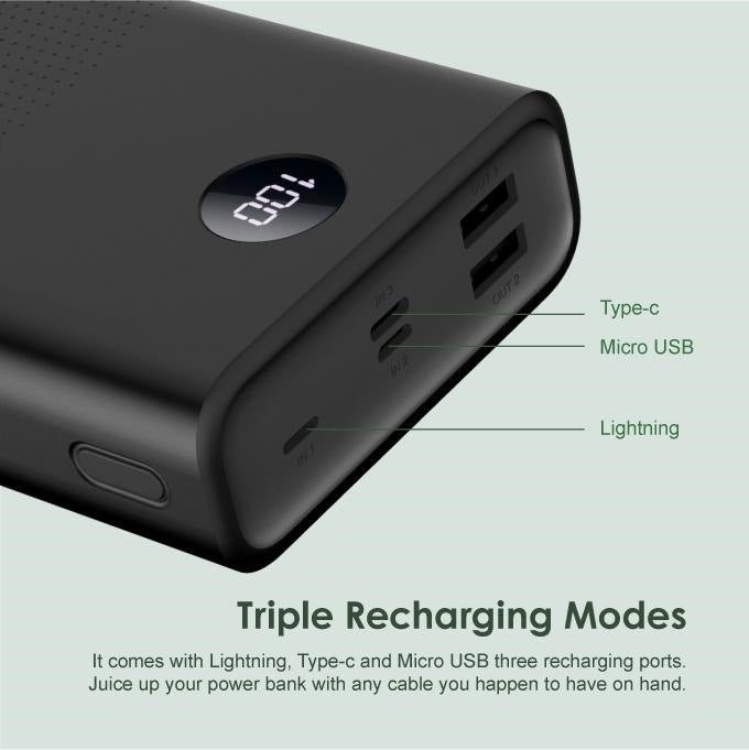 High-capacity dual-port fast charging power bank with digital battery display and USB-C pass-through Bowlift