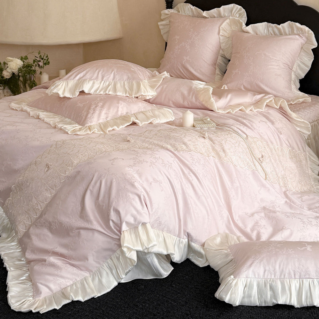 Jacquard Embroidered Satin-Ruffle Duvet Cover Set