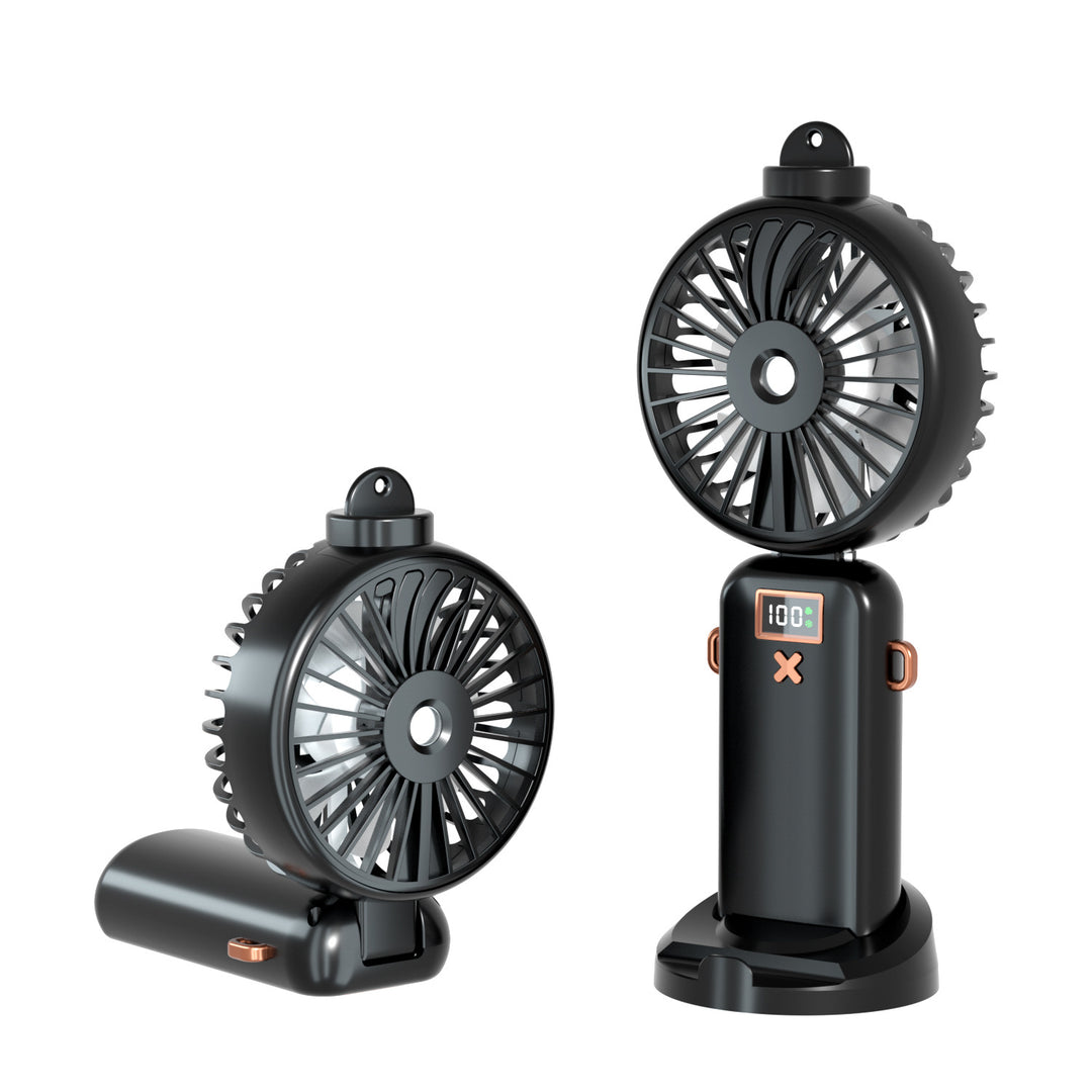 Cooling compact rechargeable adjustable-angle dual-head personal fan with digital battery display and magnetic dock Bowlift