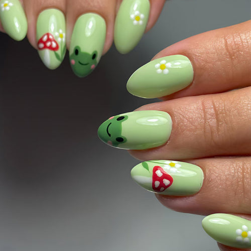Artificial nails with cute frog and flower design Bowlift