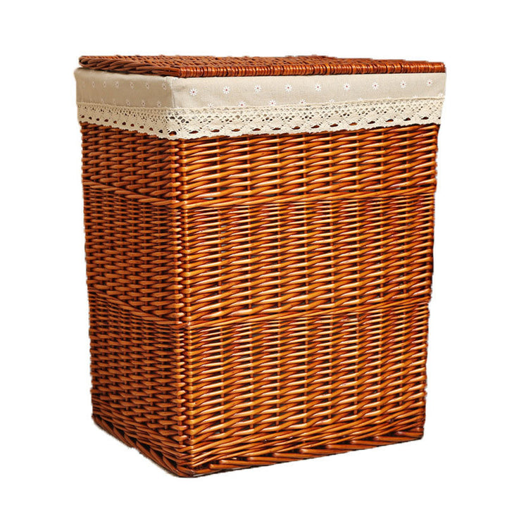 Ladies laundry basket with decorative fabric trim and practical lid Bowlift