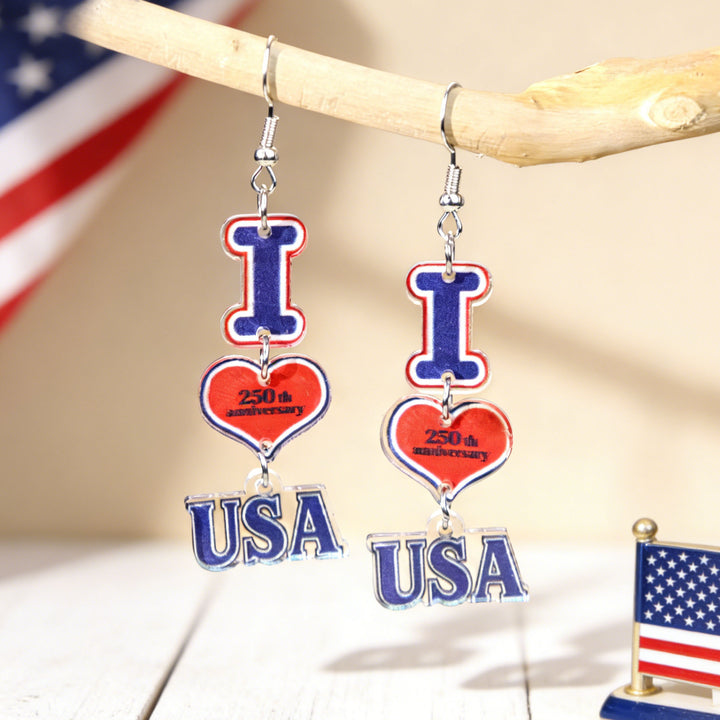 Women's acrylic statement earrings long pendant bow motif with patriotic print Bowlift