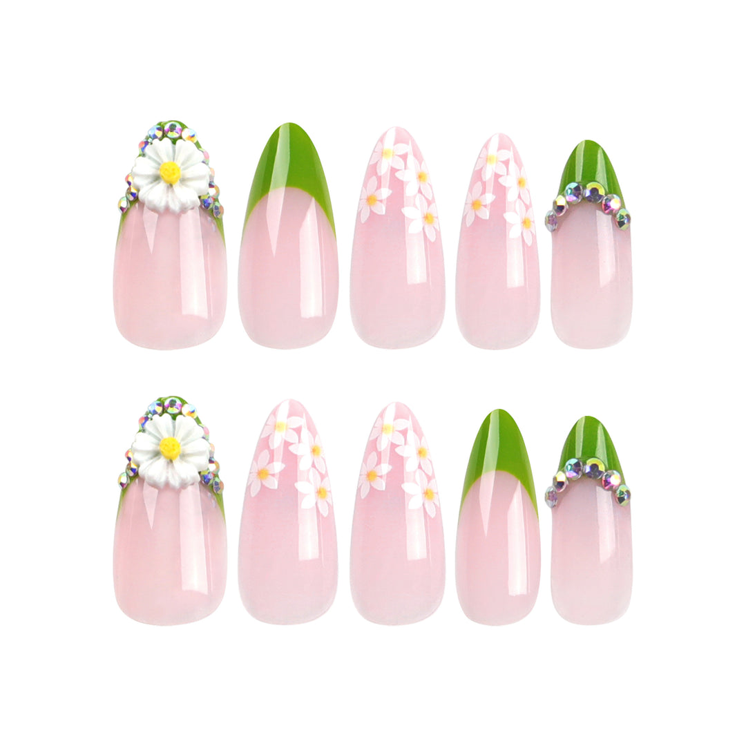 Artificial nails with floral accents and green French tip Bowlift