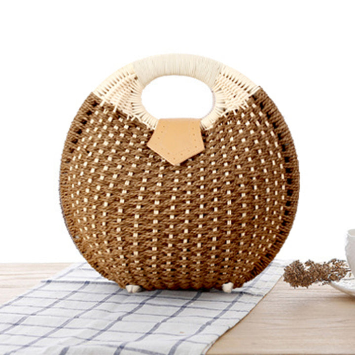 Round straw bag with elegant leather handle Bowlift