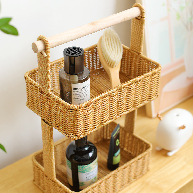 Unisex Two-Tier Storage Basket with Wooden Handle Bowlift