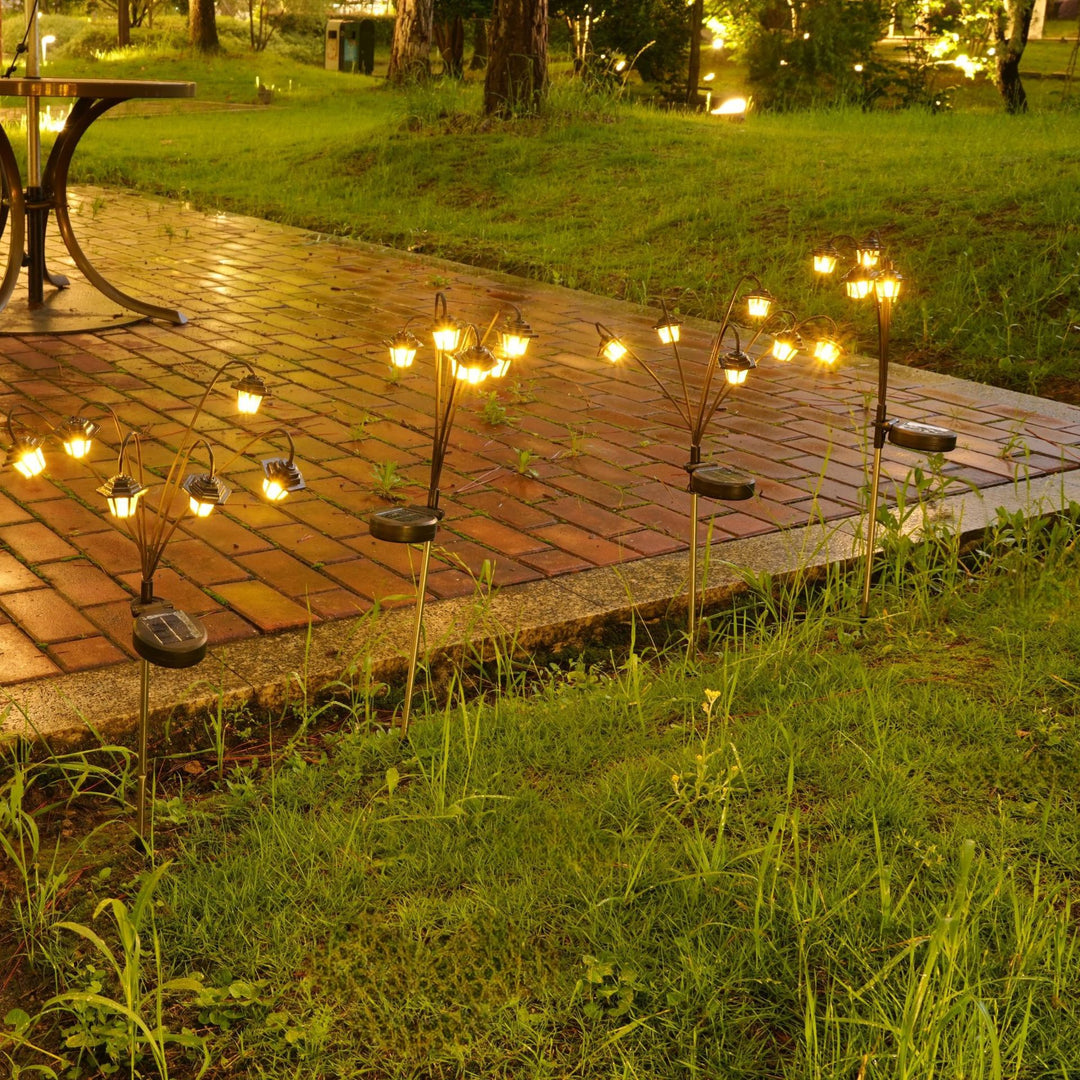Decorative Multi-Head Solar Garden Stake Lanterns With Warm LED Bowlift
