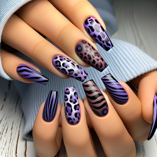 Creative leopard and stripe design artificial nails Bowlift