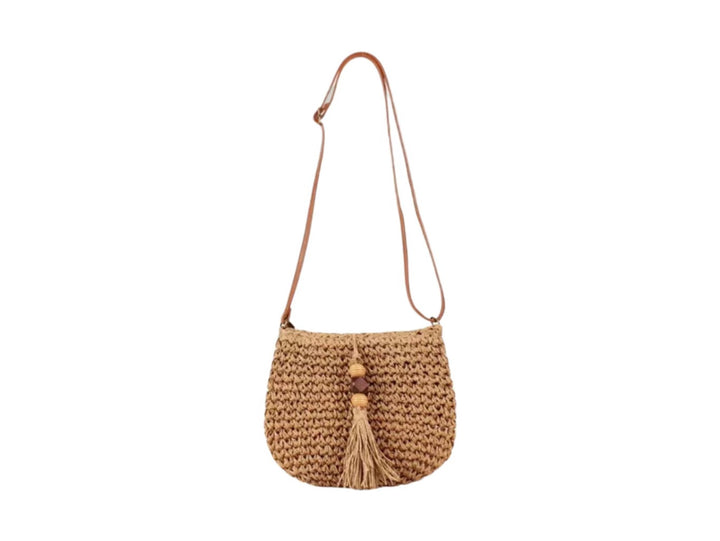Handwoven shoulder bag with tassels and wooden details Bowlift