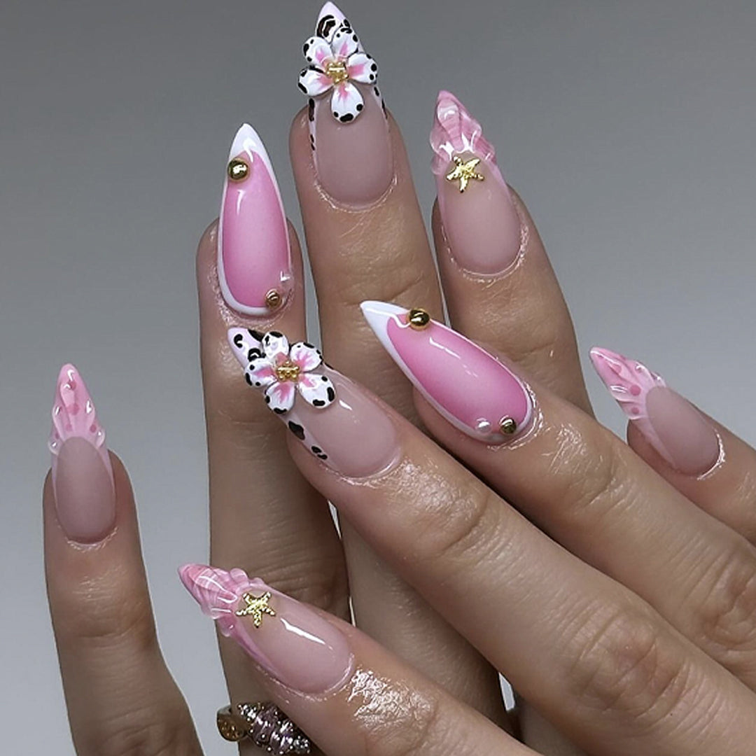 Artful Nail Extensions with Floral Accents Bowlift