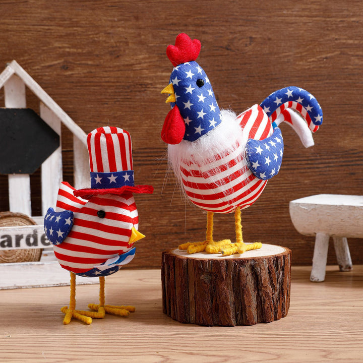 Unisex nan decorative plush rooster in Americana design with star pattern and standing wire legs Bowlift
