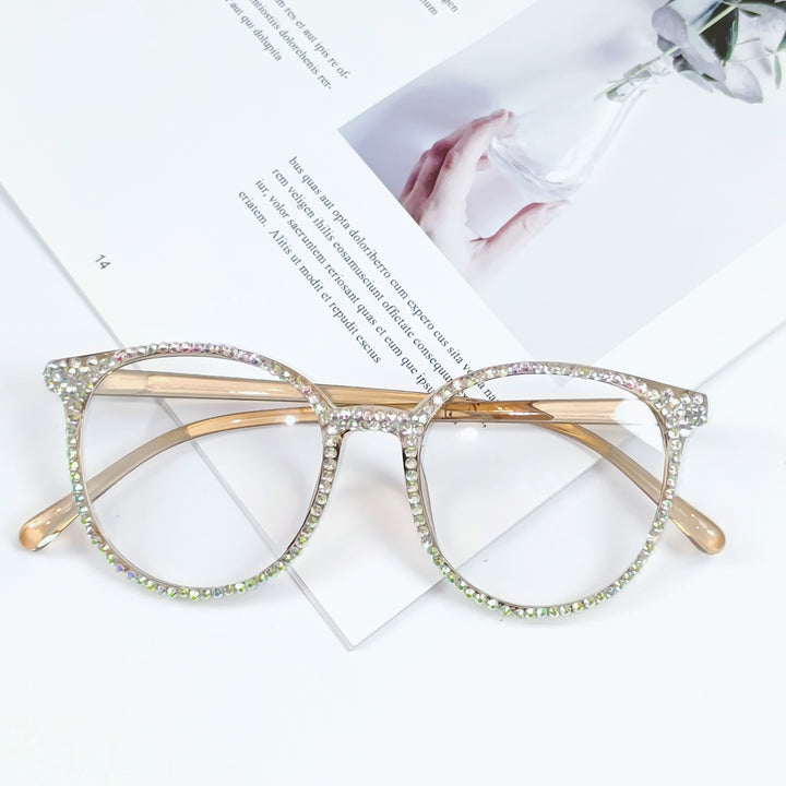 Women Stylish Cat Eye Glasses with Sparkling Rhinestone Trim Bowlift