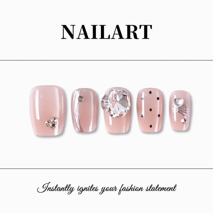 Artistic Press-On Nail Set with Rhinestone and Glossy Finish Bowlift