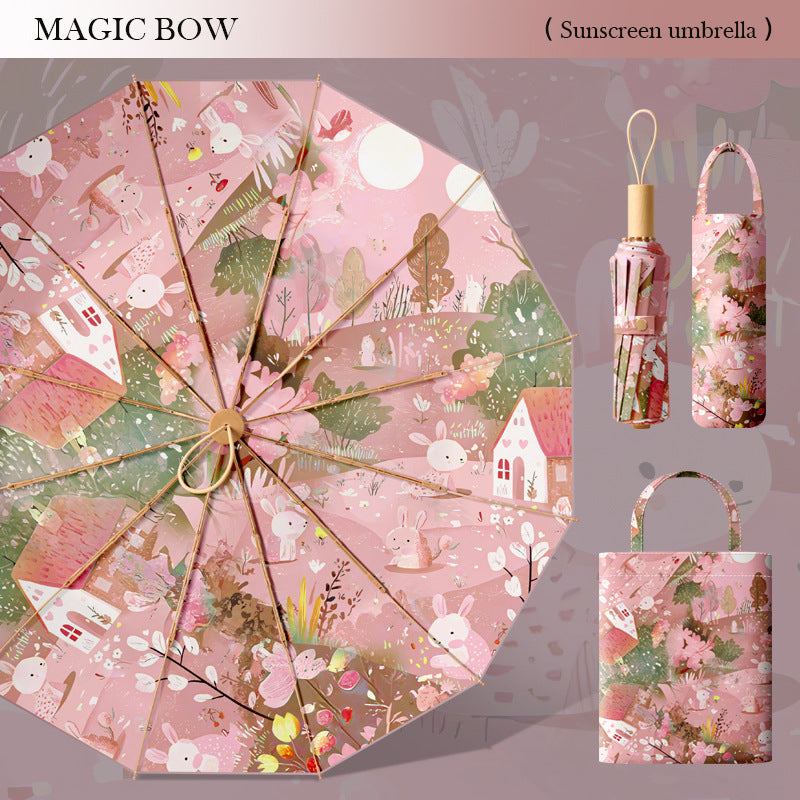 Ladies elegant folding umbrella with floral motif and high-quality carrying bag Bowlift