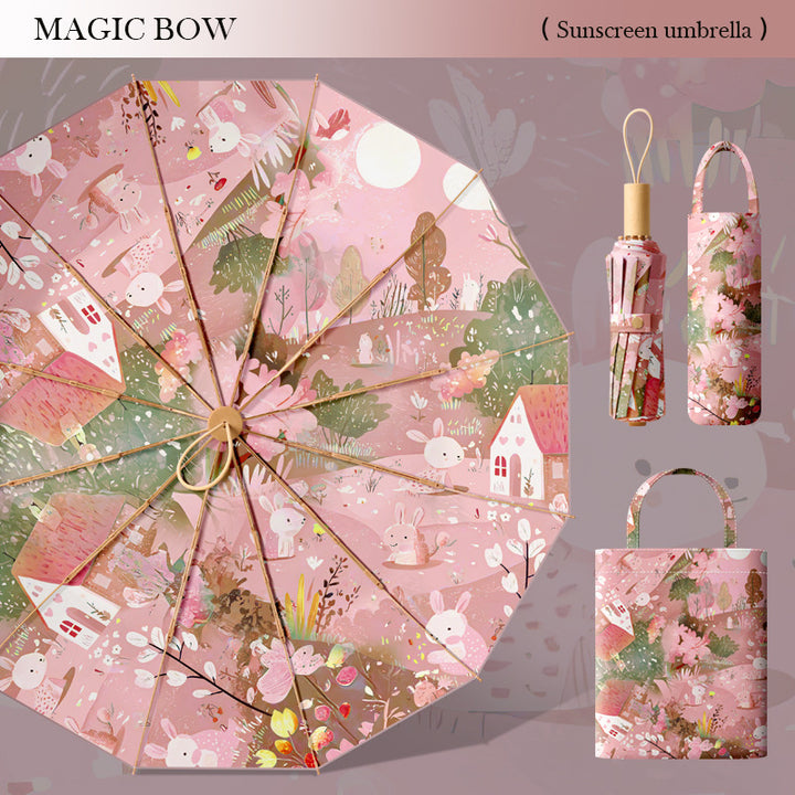 Ladies elegant folding umbrella with floral motif and high-quality carrying bag Bowlift