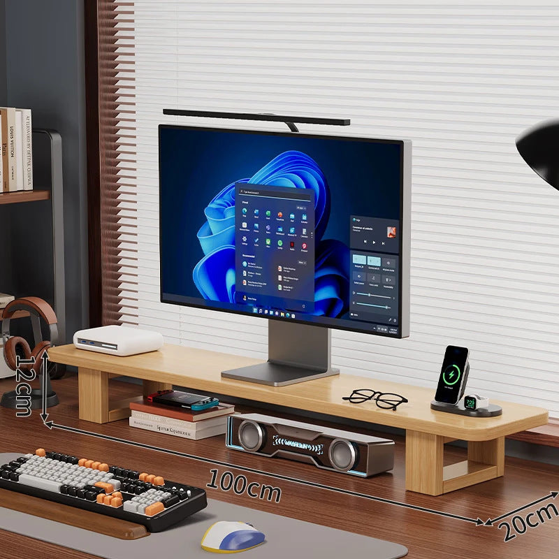 Modern Wooden Monitor Stand with Cable Management Bowlift