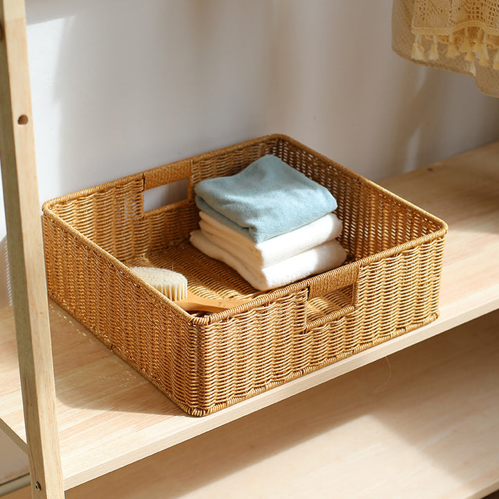 Handwoven Rectangular Storage Basket with Cut-Out Handles Bowlift