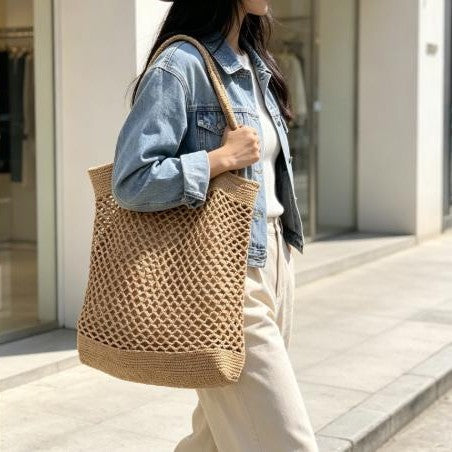Macrame Tote Bag with Modern Mesh Design Bowlift