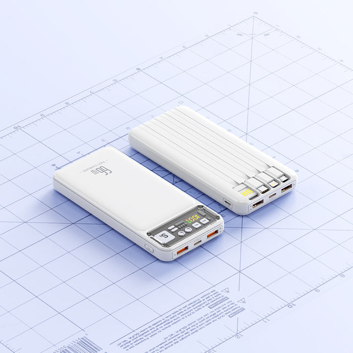 Power bank with integrated cable system and digital charging display Bowlift