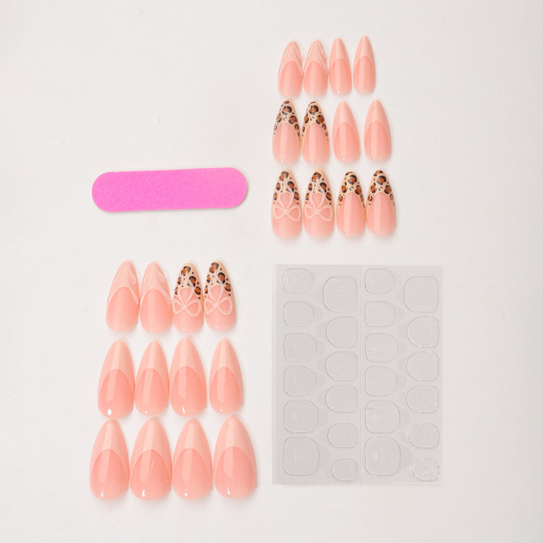Acrylic Nail Set with Creative Leopard and Bow Accents Bowlift