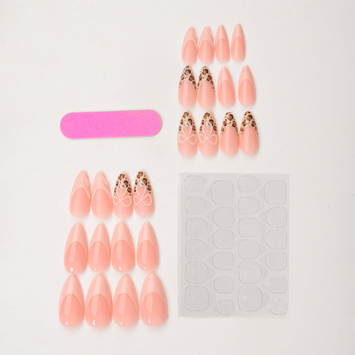 Acrylic Nail Set with Creative Leopard and Bow Accents Bowlift