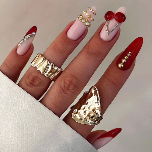Decorative Art Press-On Nail Set with Cherry and Gold Accents Bowlift