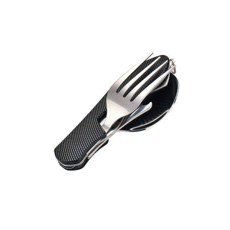 folding stainless steel camping cutlery set with textured grip locking hinge and compact travel clip Bowlift