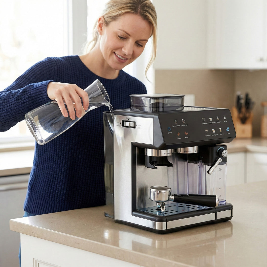 Espresso machine with integrated grinder, automatic temperature control and programmable coffee strengths Bowlift