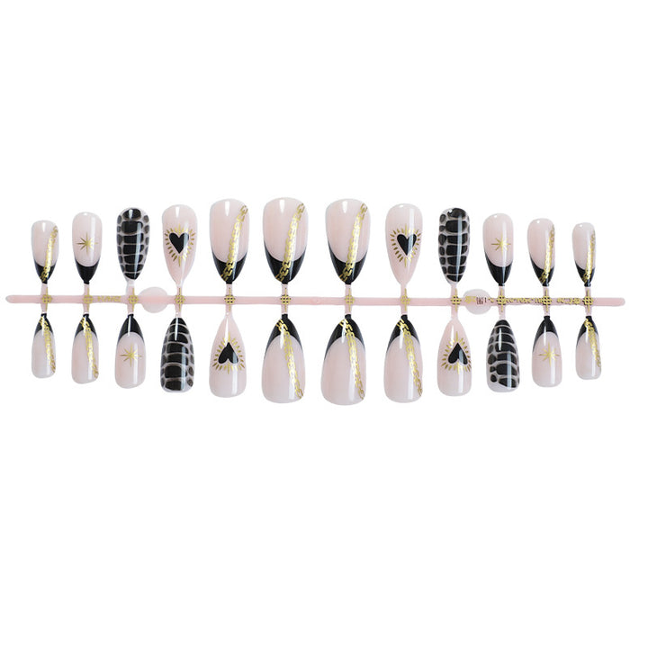 Decorative Press-On Nail Set with Artistic Heart and Star Designs Bowlift