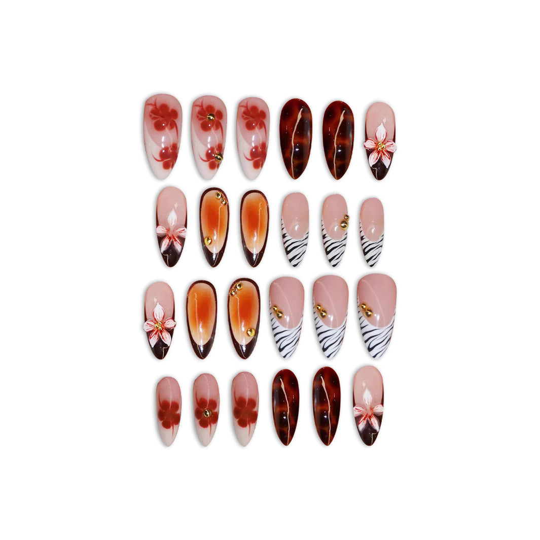 Artistic Press-On Nail Set with Floral Accents Bowlift
