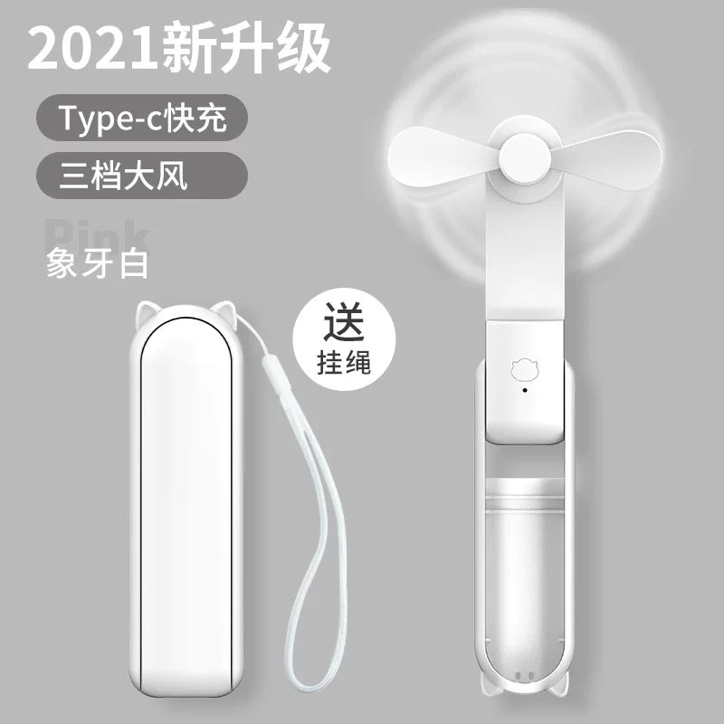 Unisex One Size foldable rechargeable triple handheld mini fan with integrated power bank USB-C and USB-A connections as well as wrist strap Bowlift