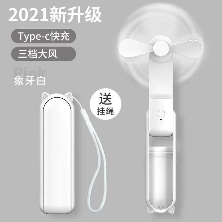 Unisex One Size foldable rechargeable triple handheld mini fan with integrated power bank USB-C and USB-A connections as well as wrist strap Bowlift