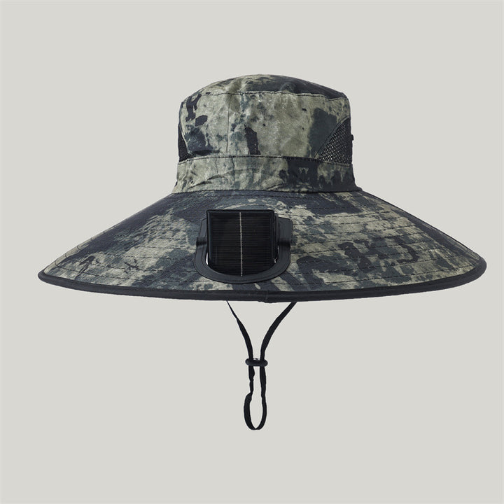 Wide-brimmed outdoor sun hat with solar-powered micro fan, breathable mesh and adjustable chin strap Bowlift