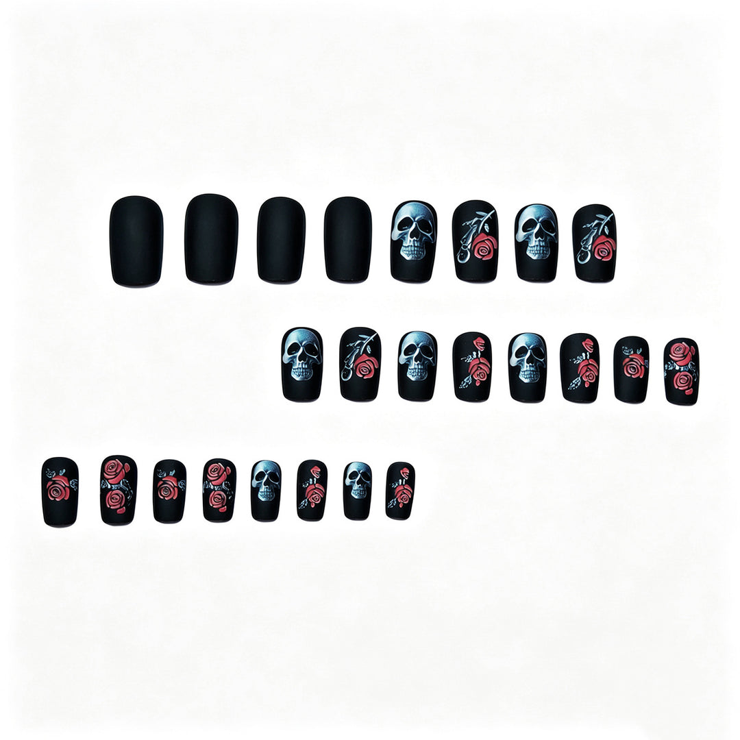 Creative nail art with skull and rose designs Bowlift