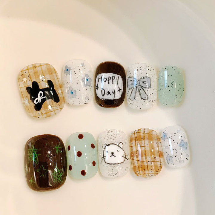 Artistic Cat-Themed Press-On Nail Art Set Bowlift