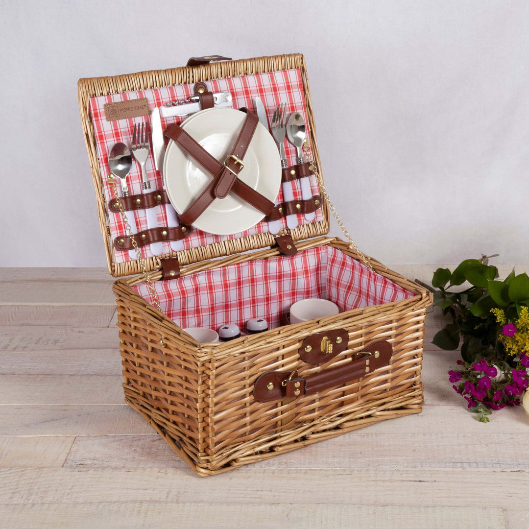 Women's picnic basket with integrated dish set and decorative inner lining Bowlift