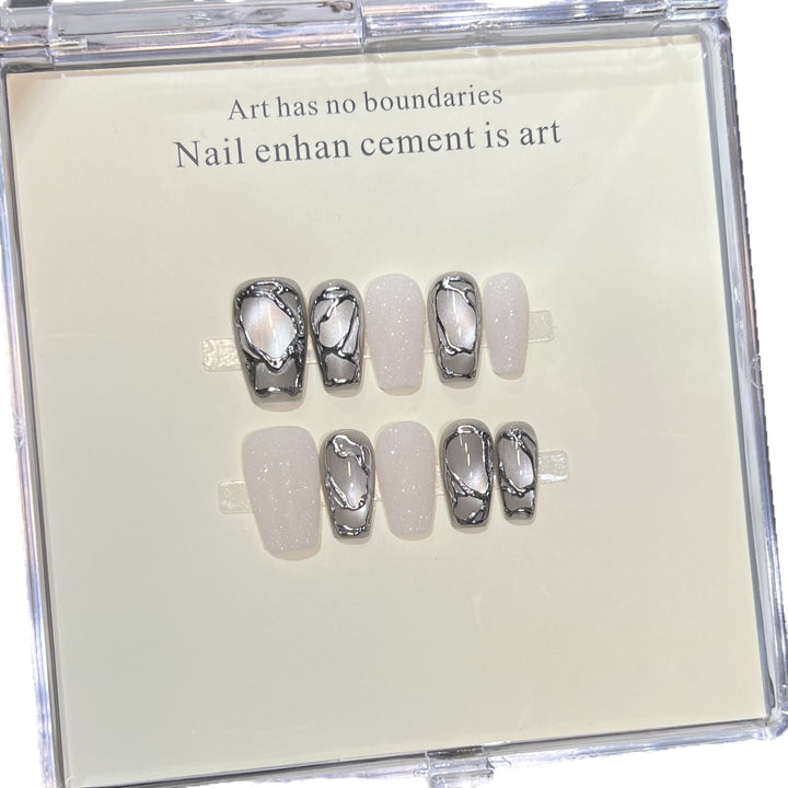 Elegant Acrylic Press-On Nail Art Set with Metallic Design Elements Bowlift