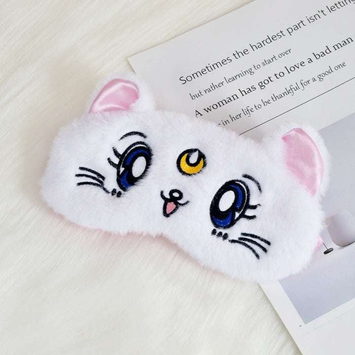 Women's fluffy sleep mask with embroidered cat design and soft comfort ears Bowlift