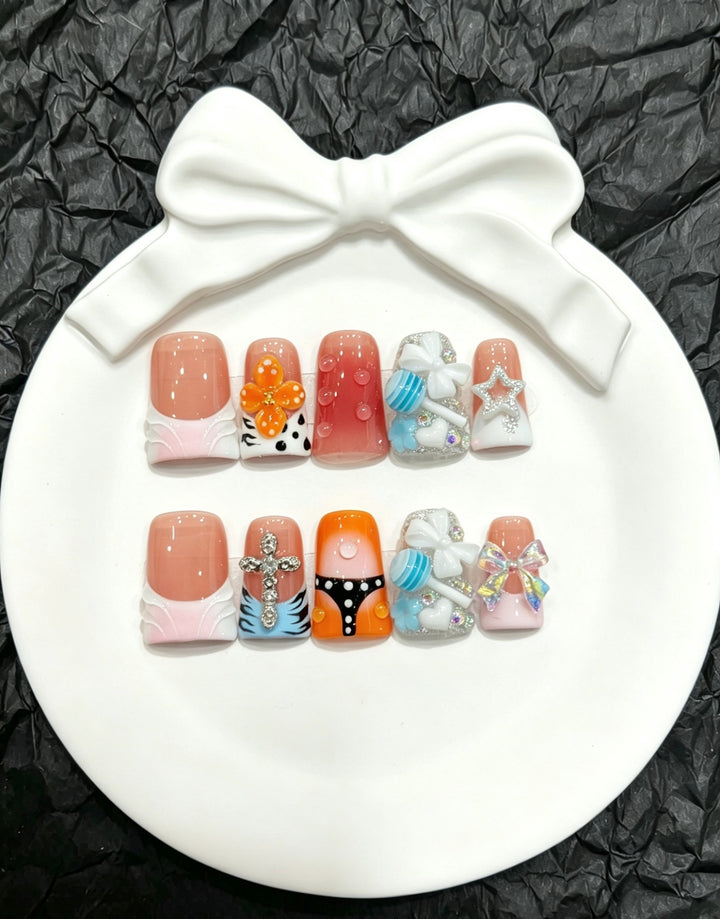 Press-On Nail Art Set with Charming Decorative Accents and Unique Designs