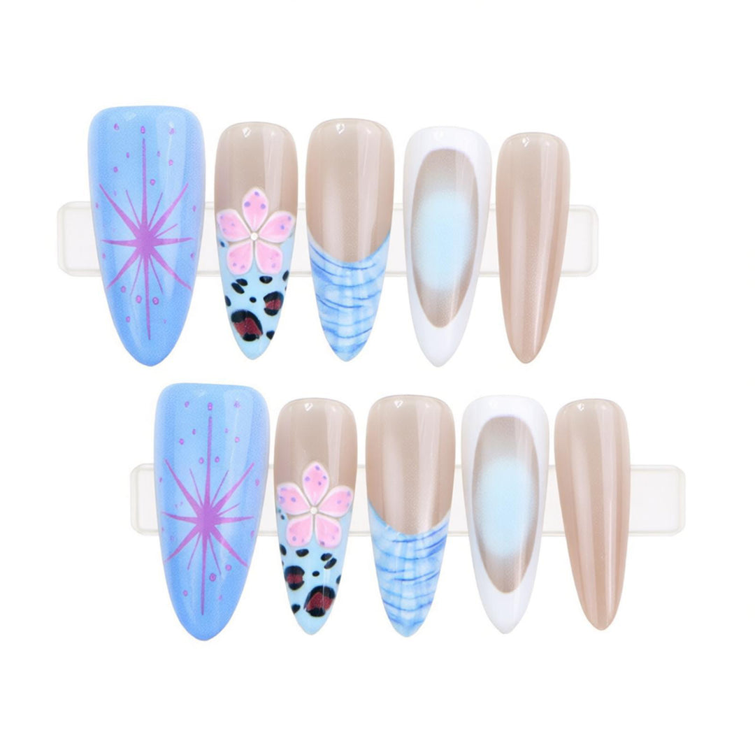 Artistic Stiletto Press-On Nail Set with Floral and Abstract Patterns Bowlift