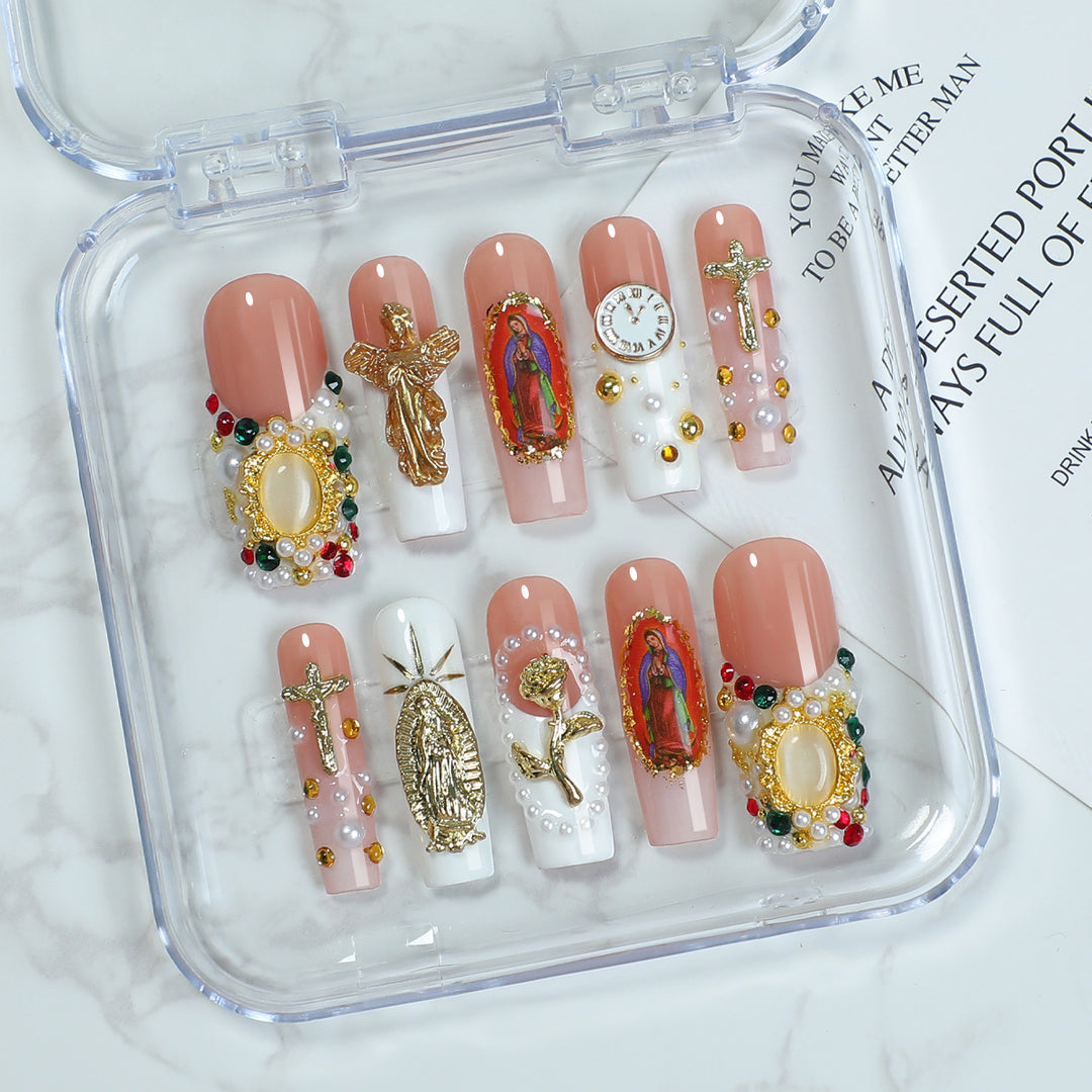 Artificial nail set with luxurious 3D decorations and religious motifs Bowlift