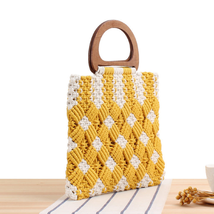 Macrame Tote Bag with Wooden Handles and Floral Details Bowlift