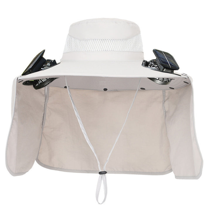 Sun hat with neck protection and integrated solar-powered dual fans Bowlift
