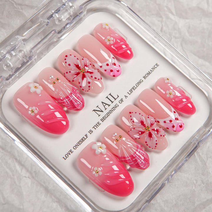 Decorative Press-On Nail Set with Floral Designs